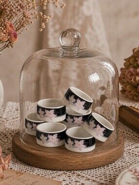 Royal Charm Japan Fine Porcelain Napkin Rings – Black Floral Pattern – Set of 8